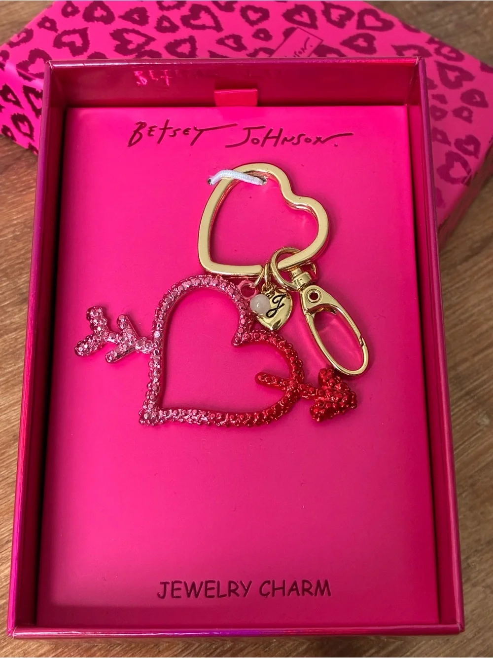 Betsey Johnson Hot Pink Heart Arrow Key & Card Holder Charm with Gold Accents